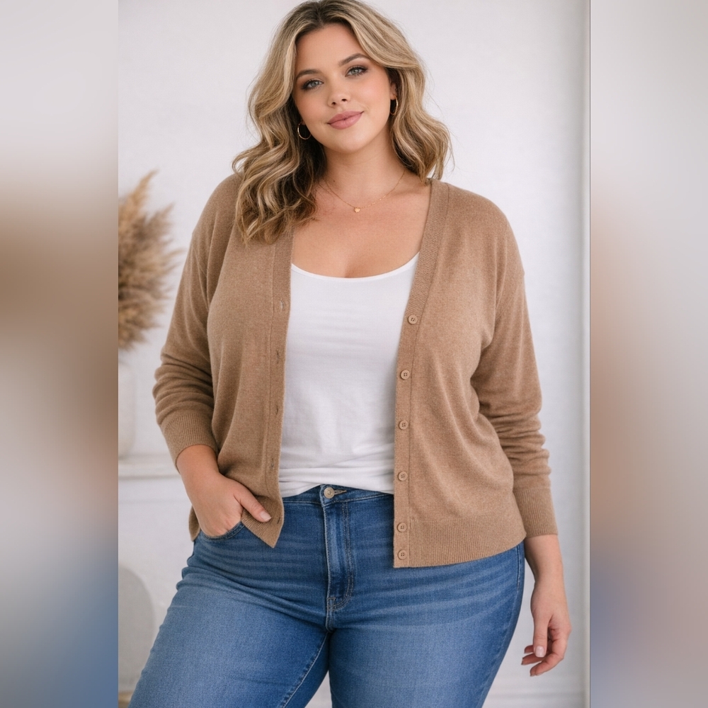 A New Day Tan Button Cardigan 1X Neutral Lightweight Basic NWT